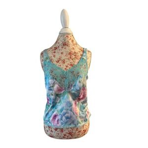 Vintage Pink And Aqua Floral Camisole Wide Scalloped Sheer Lace Shiny Lingerie M